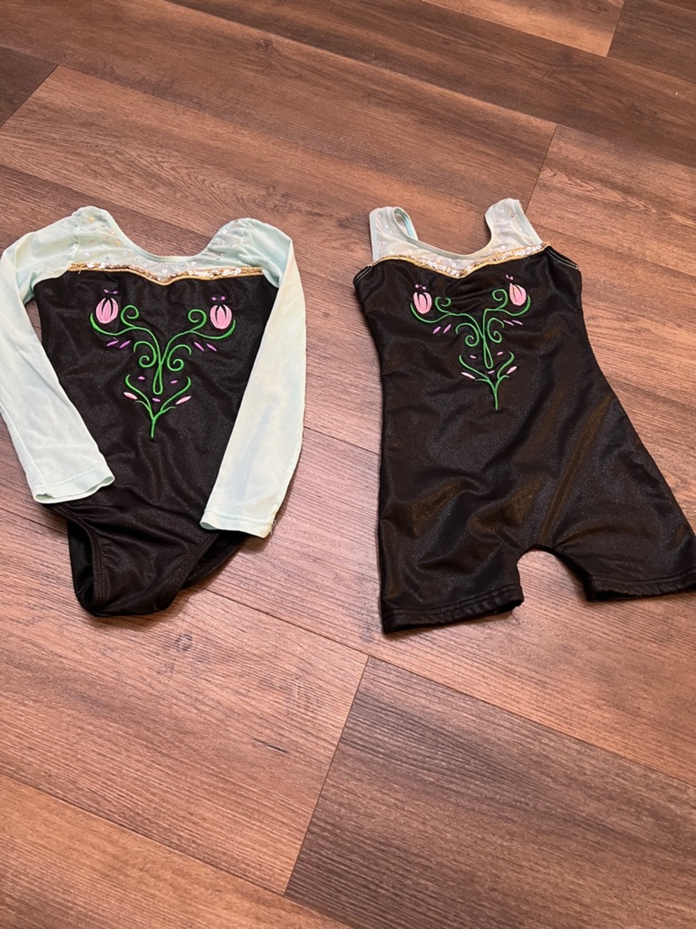 Black Floral Embroidered Dance Leotards with Mint Accents
